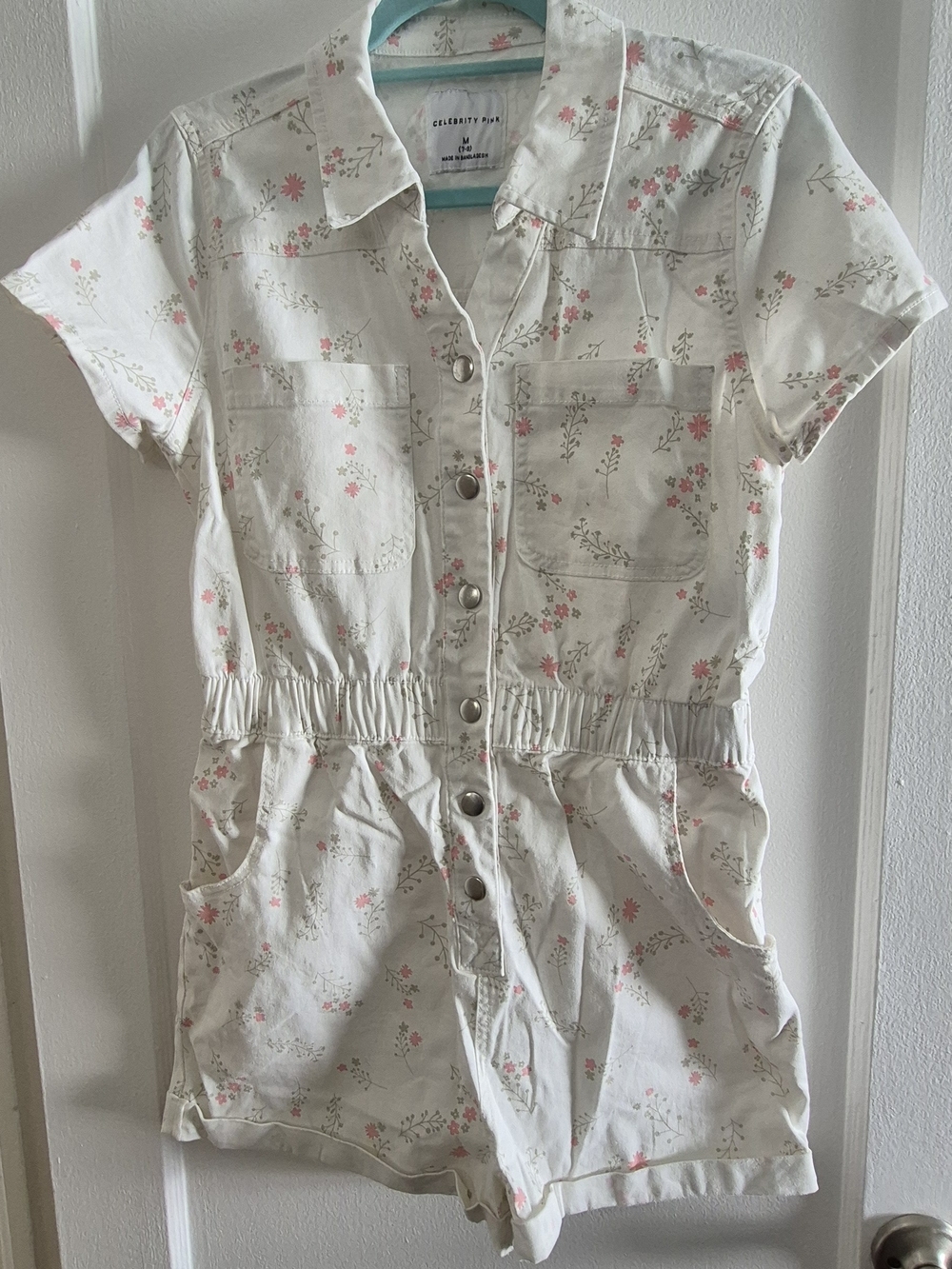 Celebrity Pink Cream Floral Button-Up ROMPER with Pink Blooms